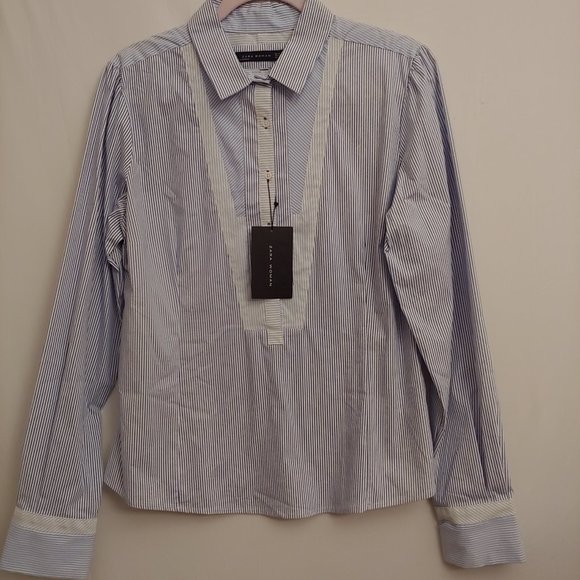 Zara Tops - Zara Woman half button down long sleeve shirt blue and white size XL NWT